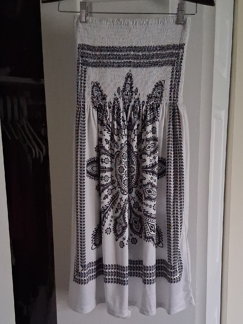 White and Black Printed Smocked Waist Maxi Skirt